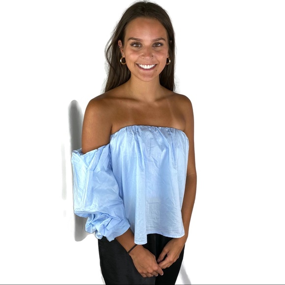 Aqua Tops - Aqua Crop Top Sky Blue light Cotton With One Off Shoulder Sleeve Size Small